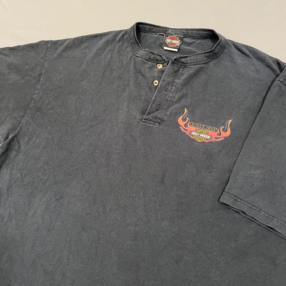 Vintage Harley Davidson Gutteridge Danville IL Henley Graphic T-Shirt XL Black
